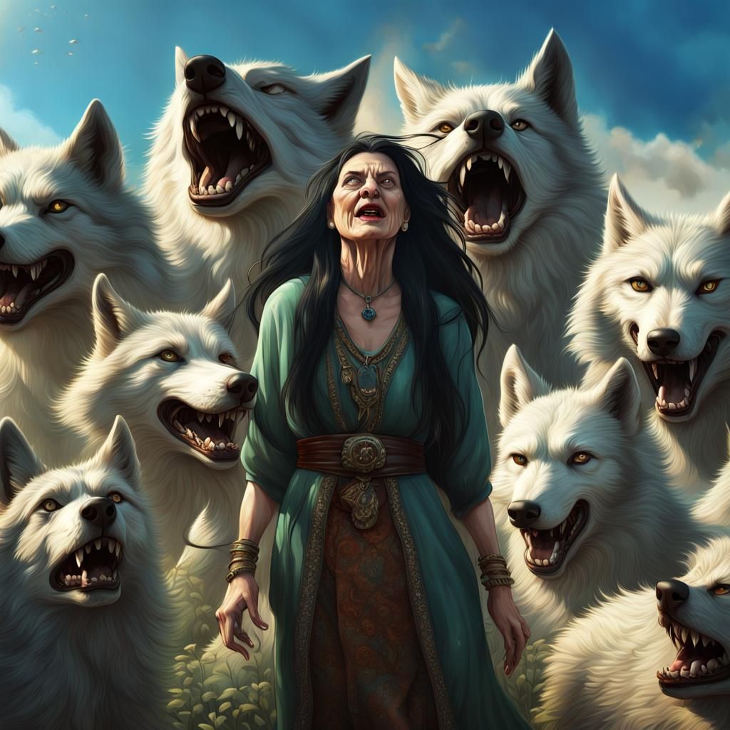 Fierce Wolves Surround an Old Woman