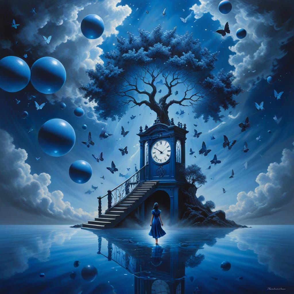 Surreal Blue Dreamscape with Melting Clocks and Floating Wor...