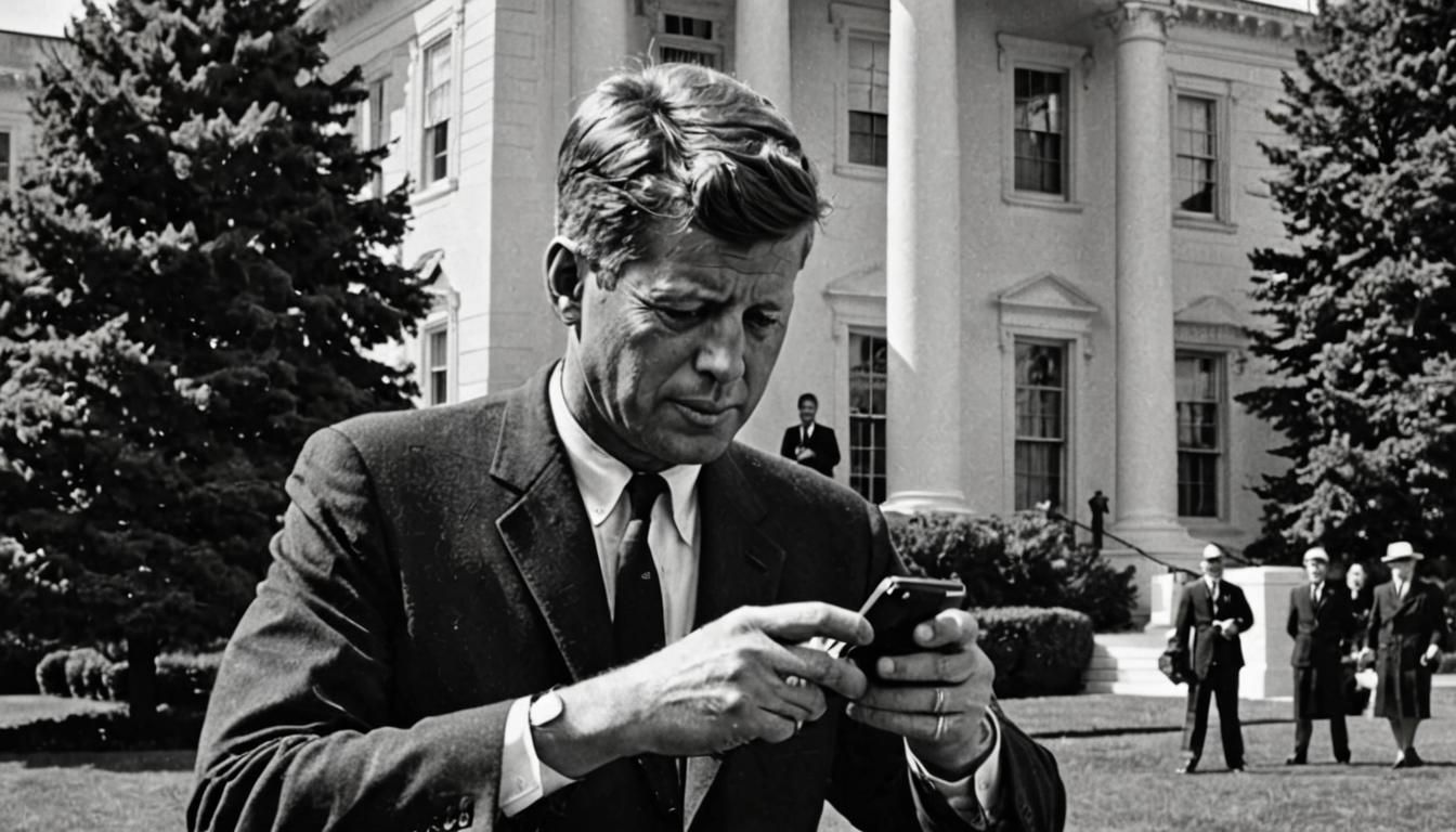 JFK Holding Cell Phone: Retro Black and White Photo