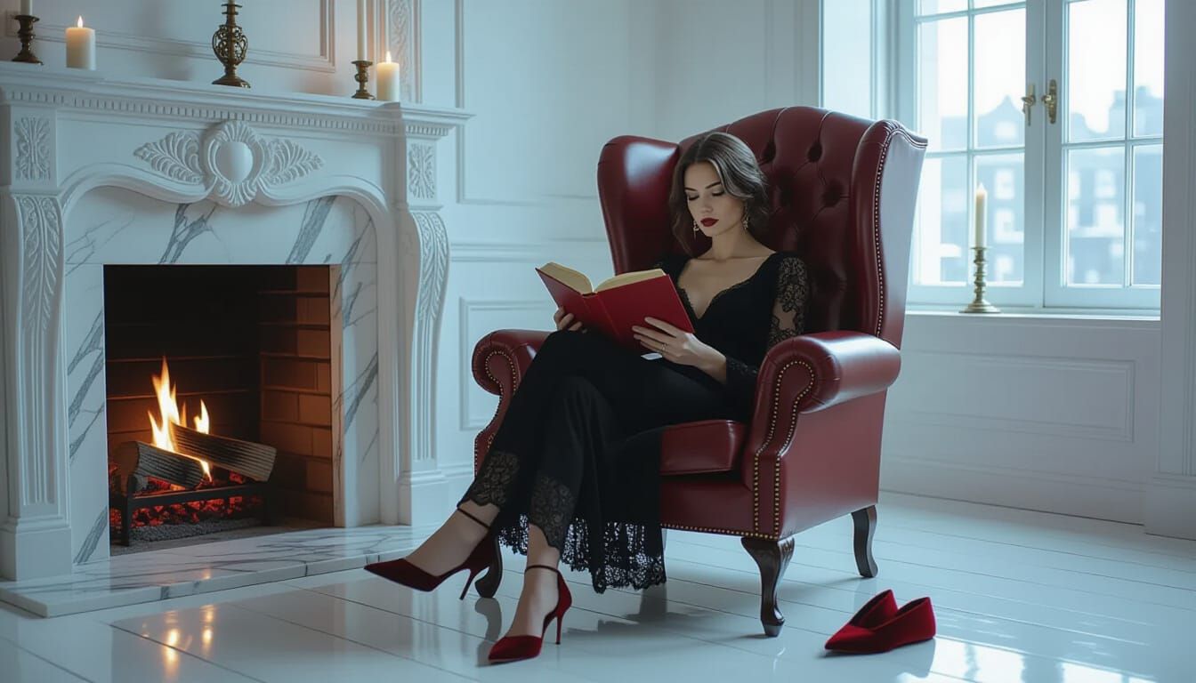 Gothic Room with Woman Reading by Firelight