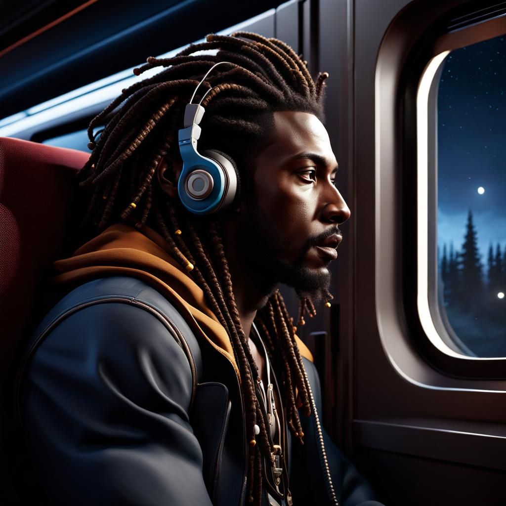 Man on Train Listening to Music at Night
