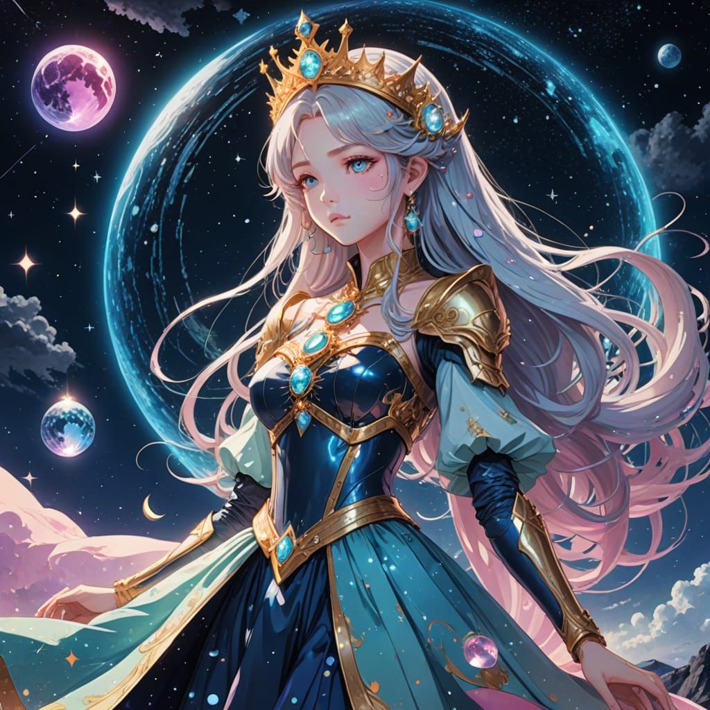 Celestial Queen on Crescent Moon: Anime Style Portrait