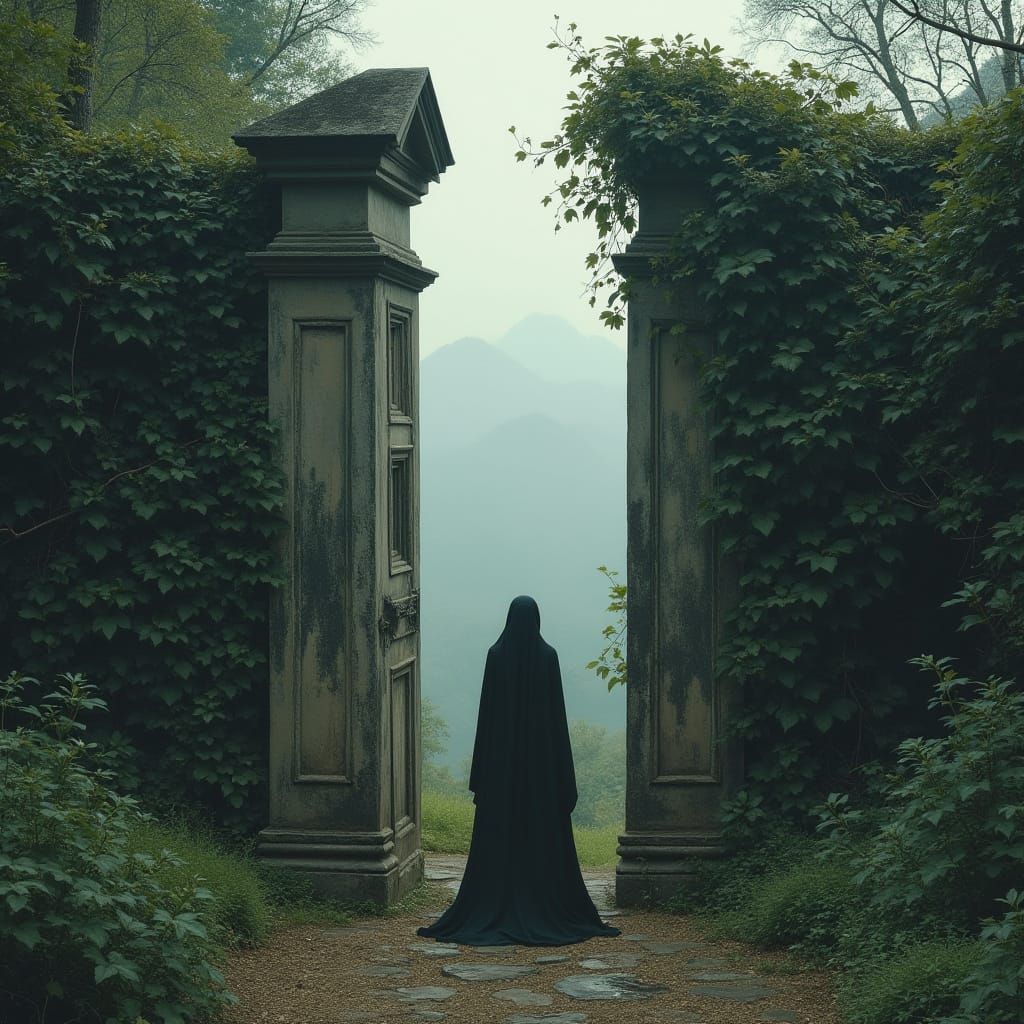 Ethereal Figure Entering Ancient Gate