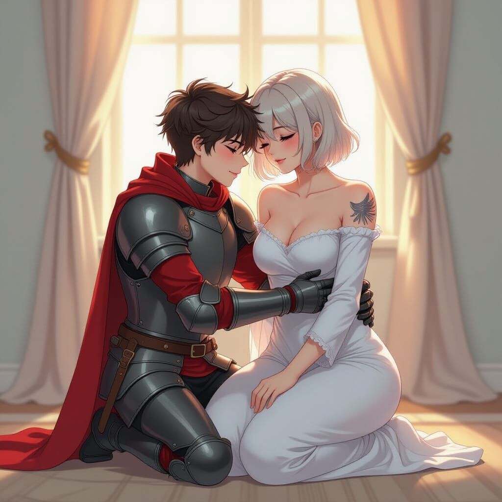 Knight Kneels Before Woman in White Gown Anime Art