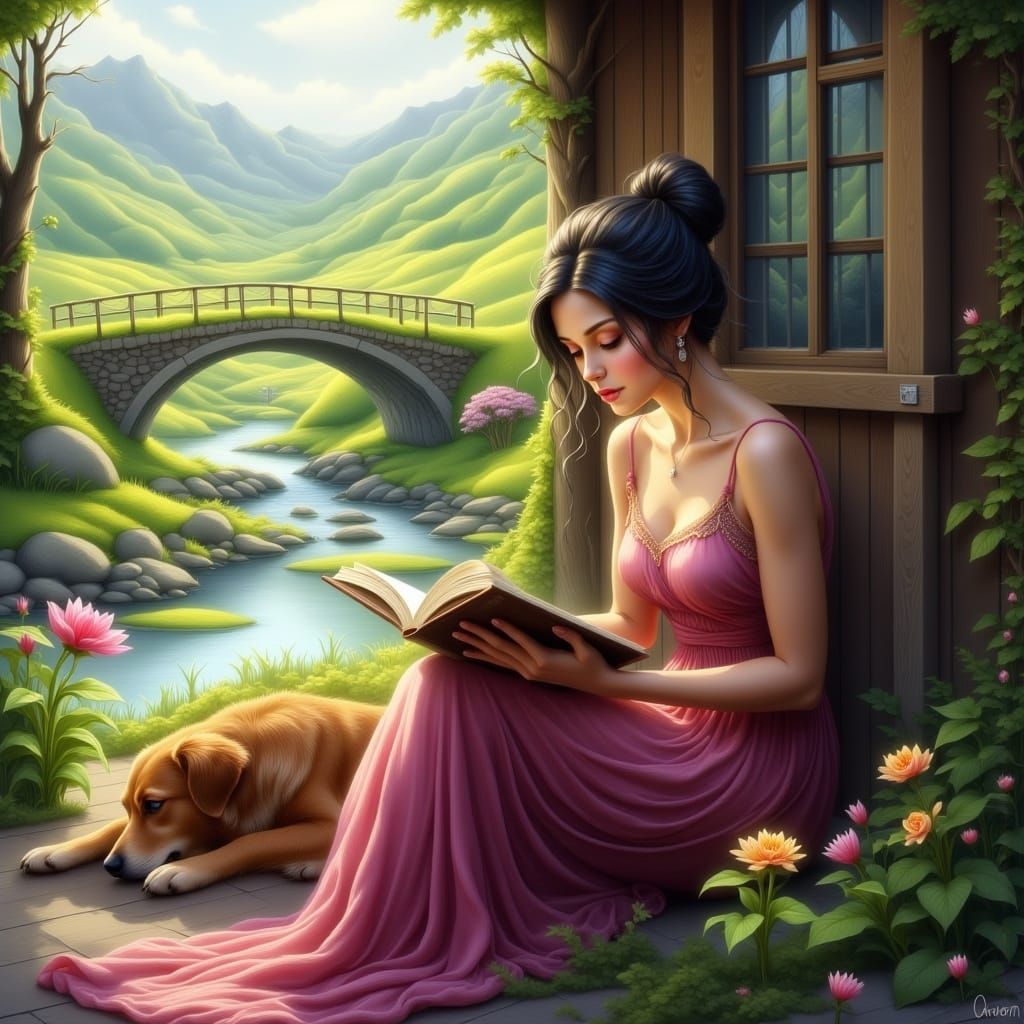 Woman Reading by River in Dreamy Watercolor Style