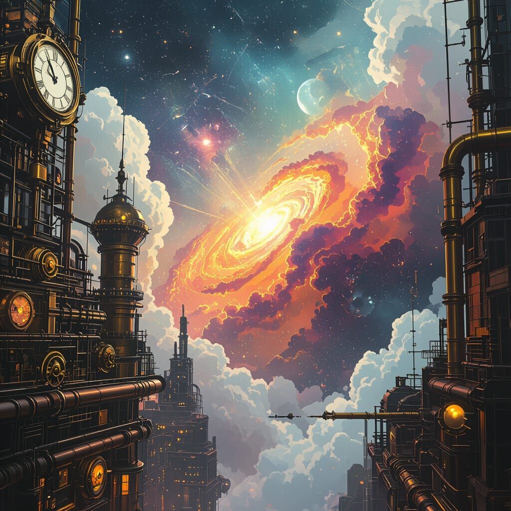Steampunk Nebula Cityscape with Clockwork and Cosmic Clouds