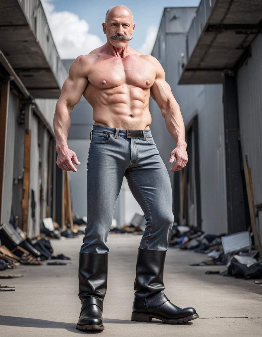 Bald Bodybuilder with Moustache in Jeans and Boots