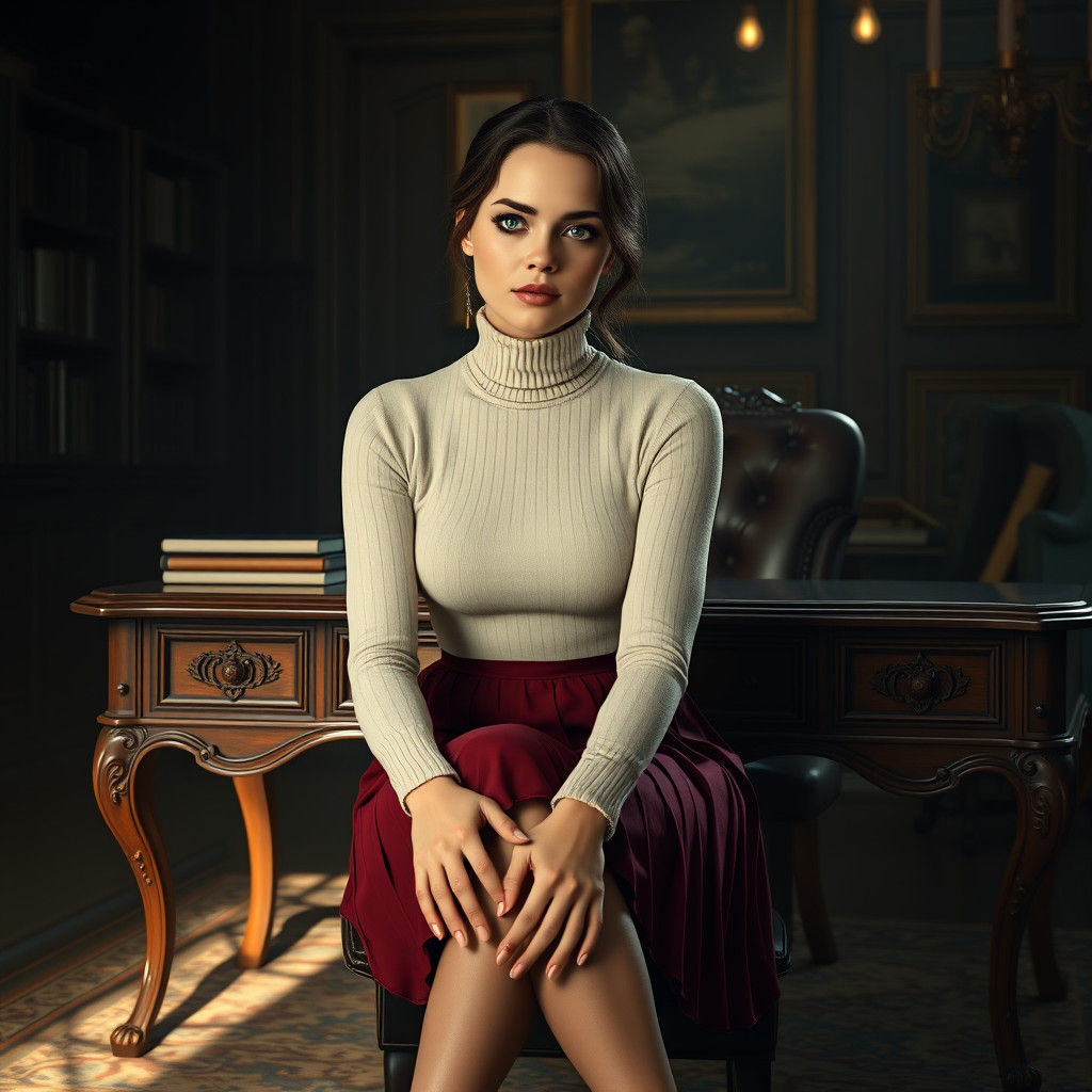 Elegant Woman in Vintage Office, Fantasy Concept Art