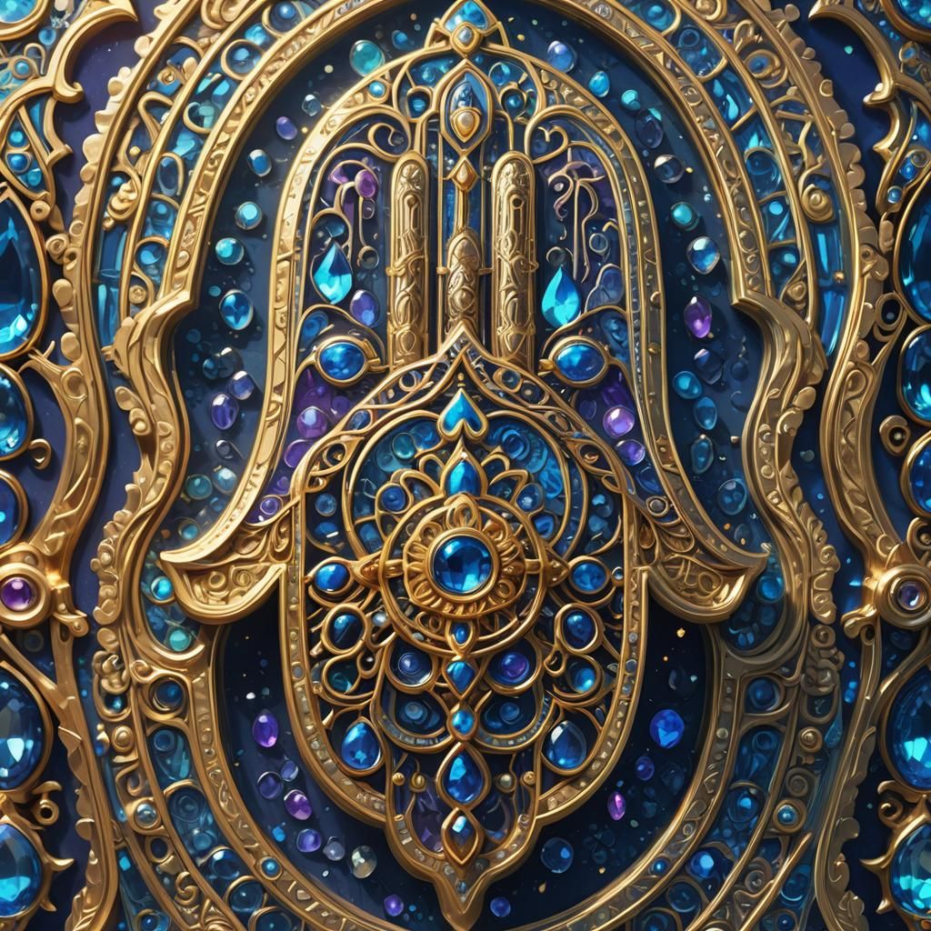 Ornate Hamsa Hand Against Blue Crystal Backdrop