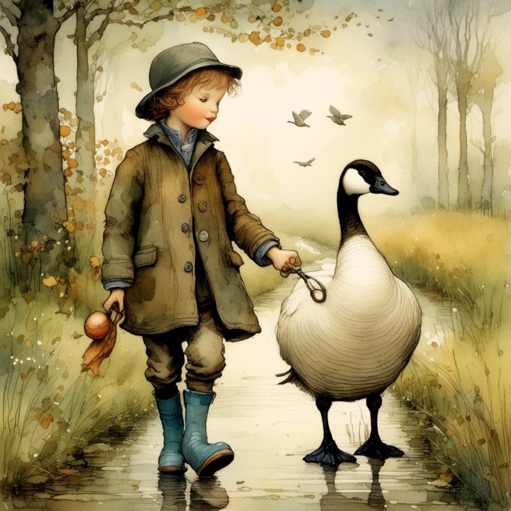 Boy and Goose on a Walk, Vintage Illustration