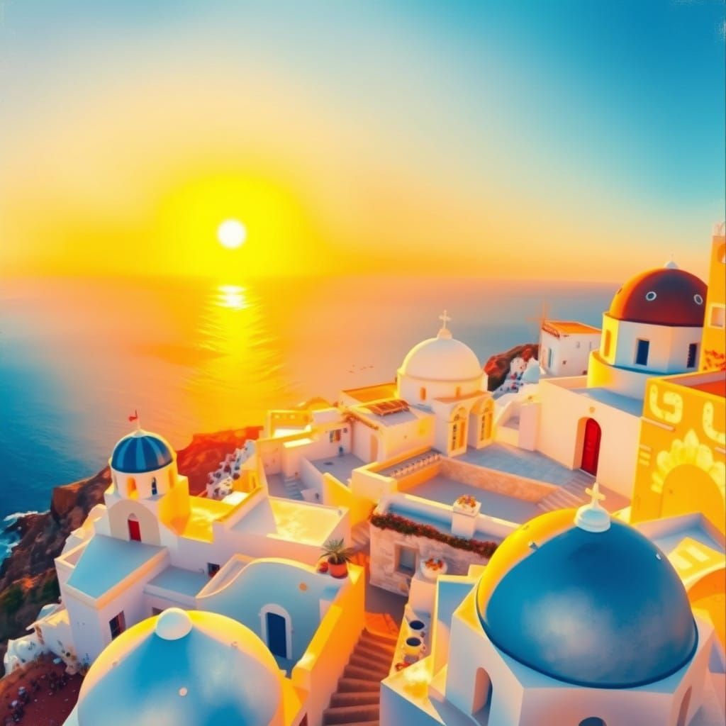 Santorini Sunset in Dreamy Impressionist Style