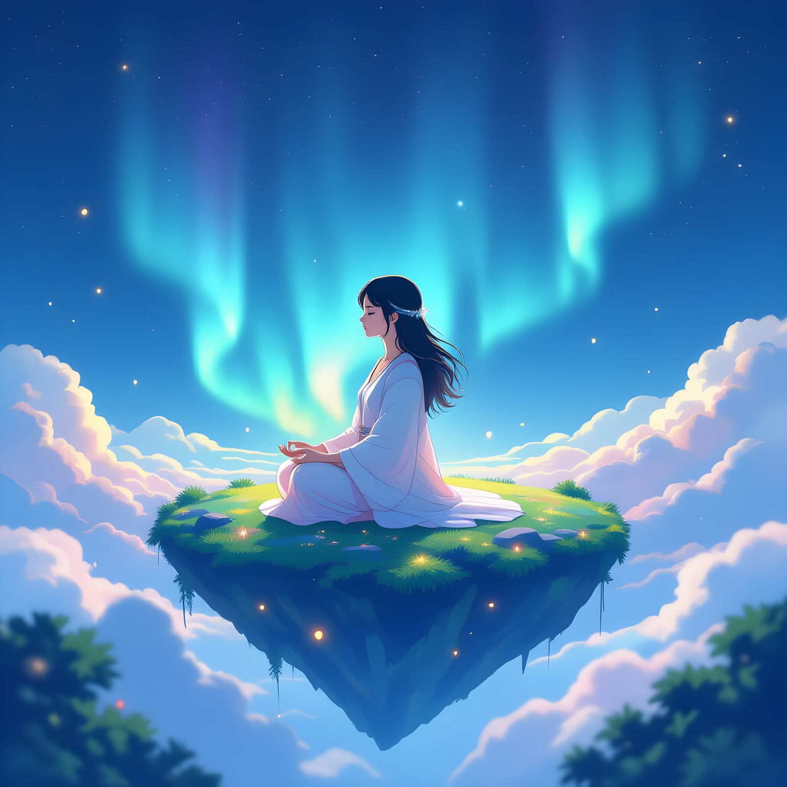 Meditating Woman on Floating Island in Anime Style
