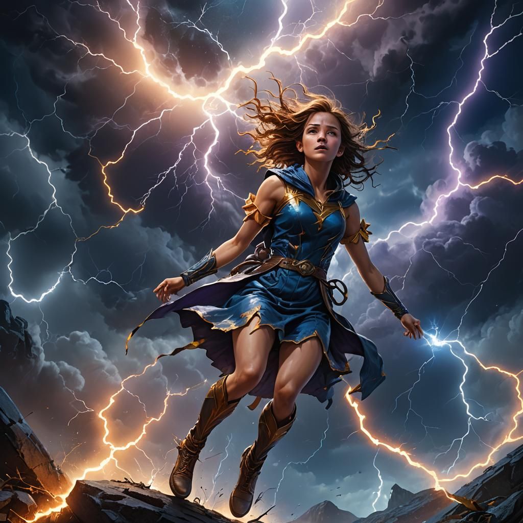 Fantasy Girl Amidst Lightning and Moonlight