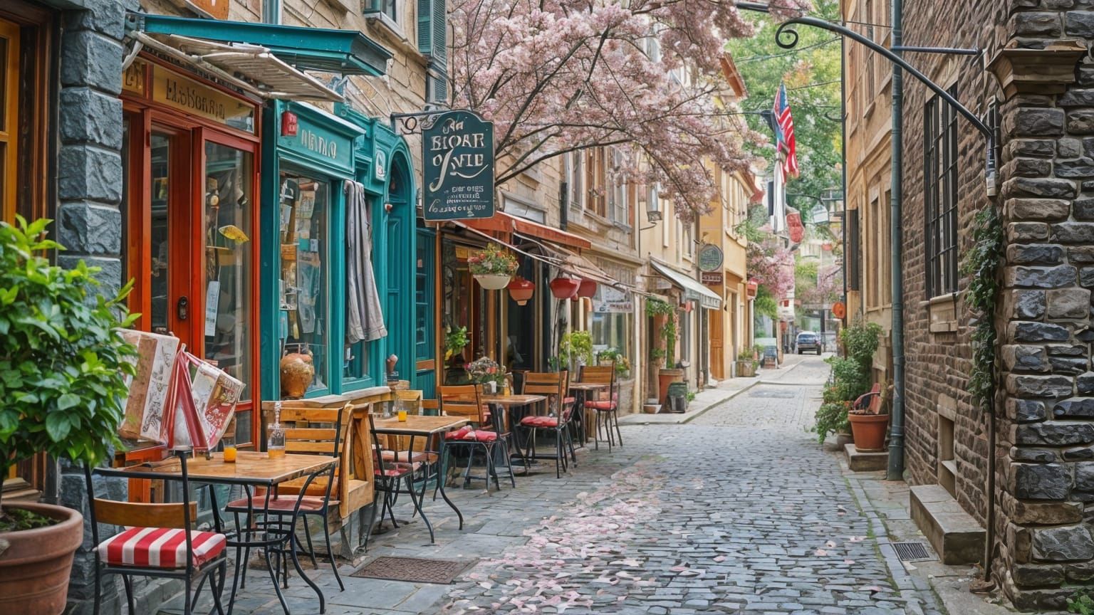 Whimsical Cherry Blossom Street Scene in Rustic Village Styl...