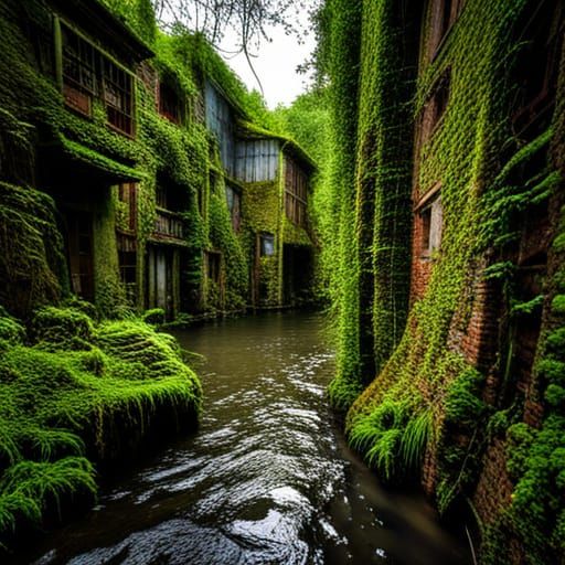 Overgrown City Reclaimed by Nature in Hyperrealistic Style