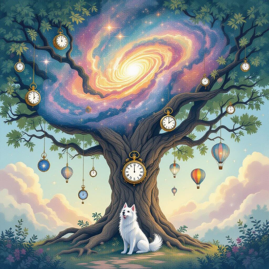Ancient Tree in Nebula with Pocket Watches and Spectral Dog