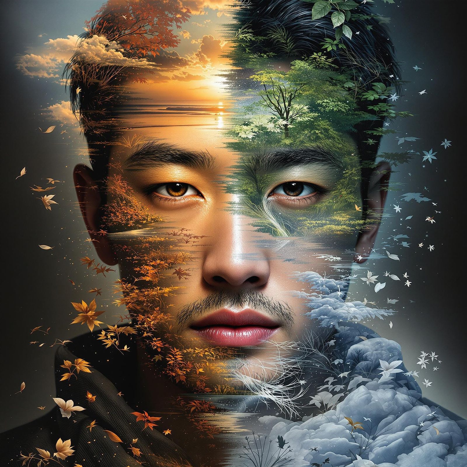 Enigmatic Asian Male in Vibrant Double Exposure Portrait