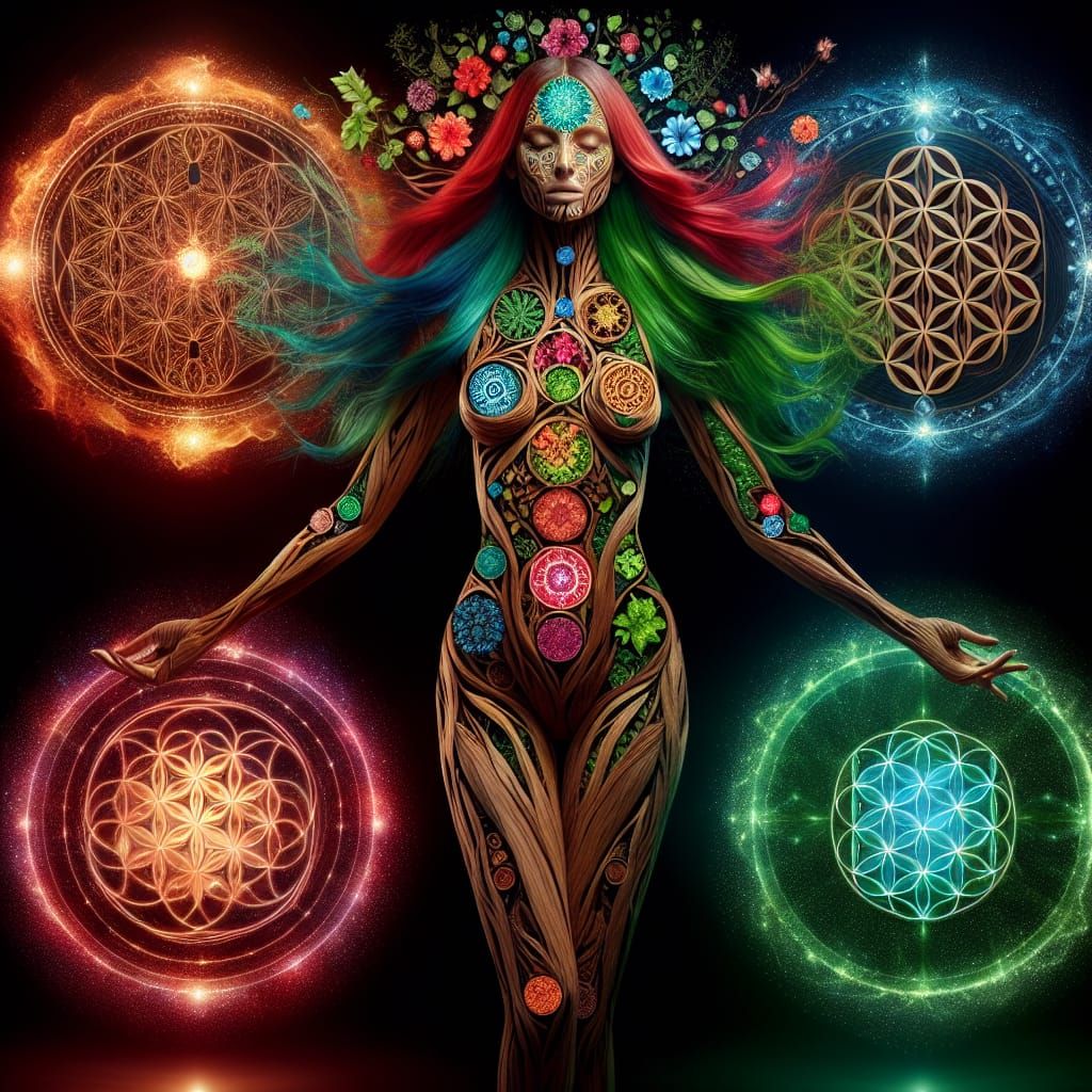 Elemental Woman Embracing Earth, Fire, Air, and Water