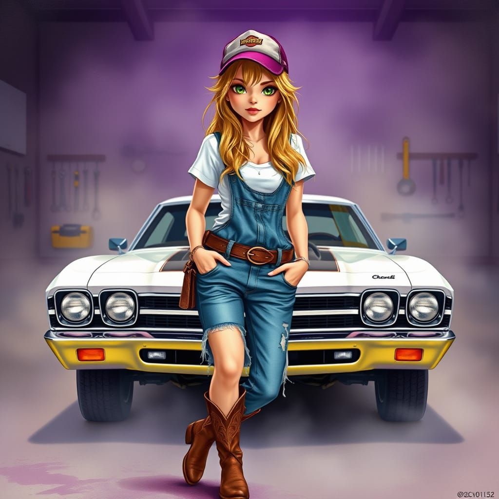 Whimsical Garage Siren in Watercolor Fantasy Style