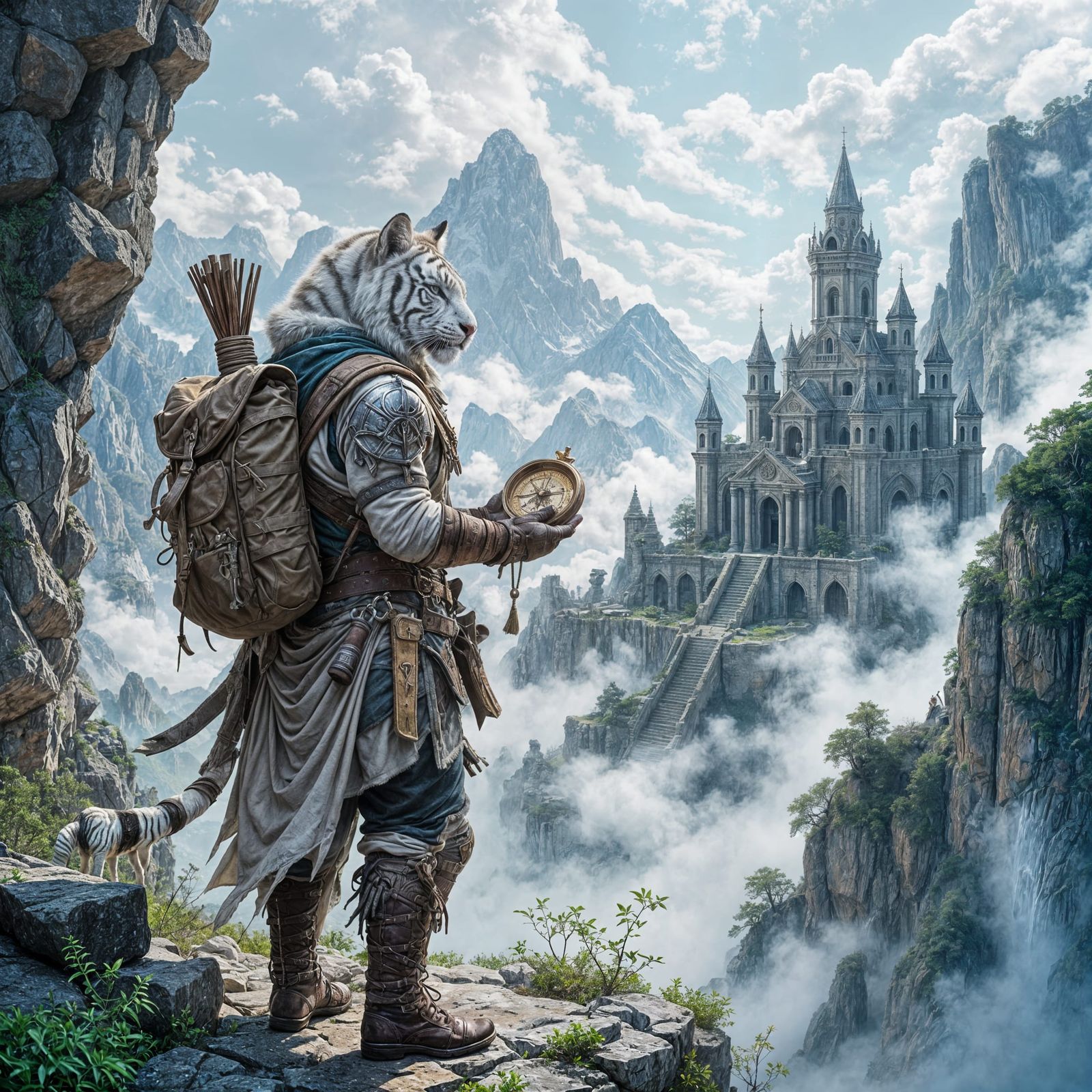 White Tabaxi Cartographer on Precipice, Dark Fantasy Art