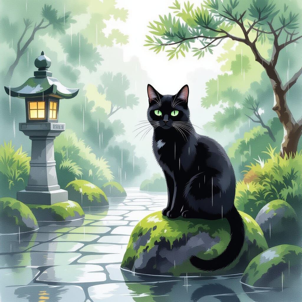 Black Cat in Rainy Japanese Garden, Watercolor Style