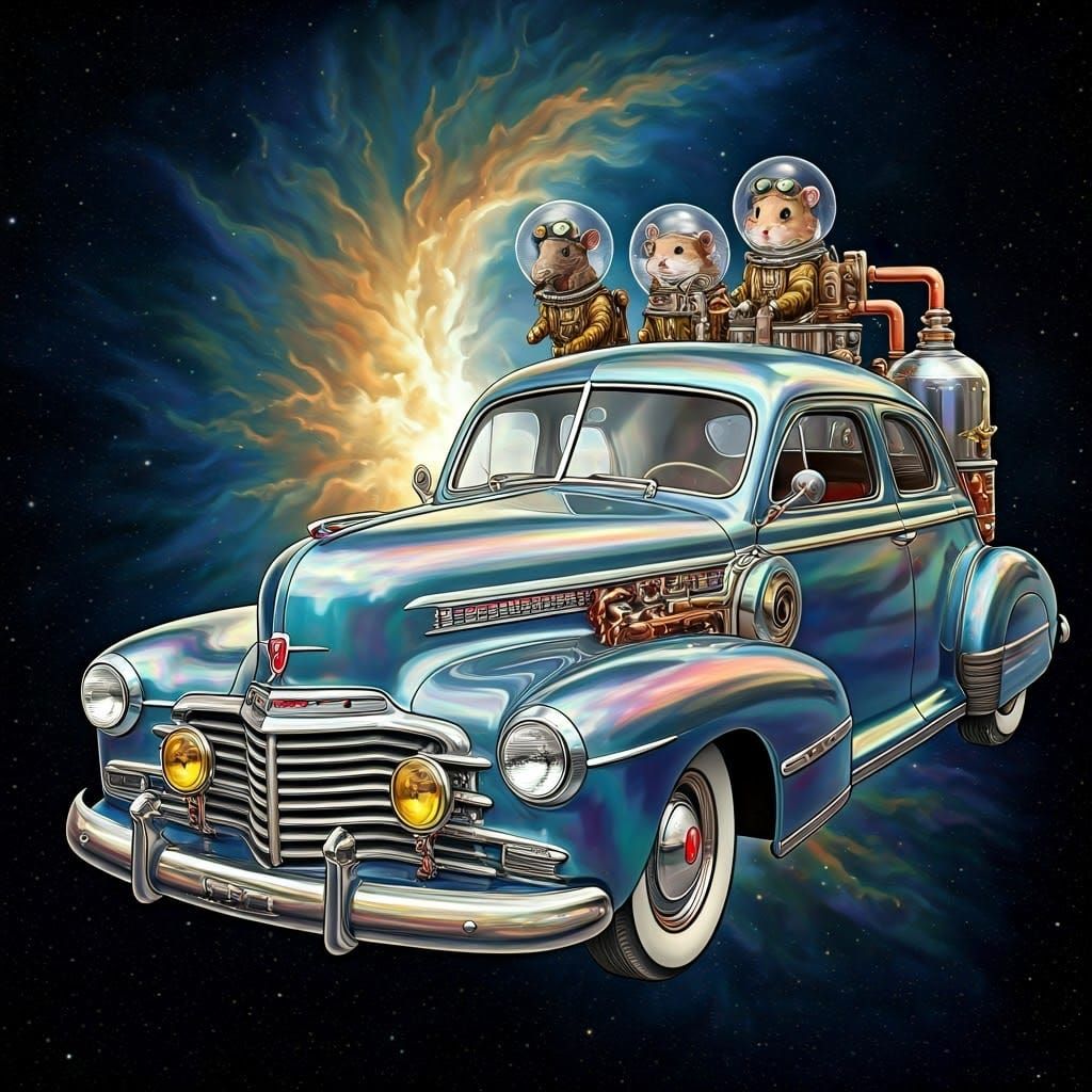 Steampunk Chevy Spaceship Soaring Through Carina Nebula