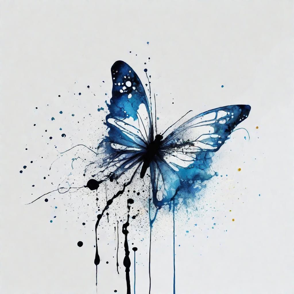 Whimsical Butterfly on Flower with Ink Splatters