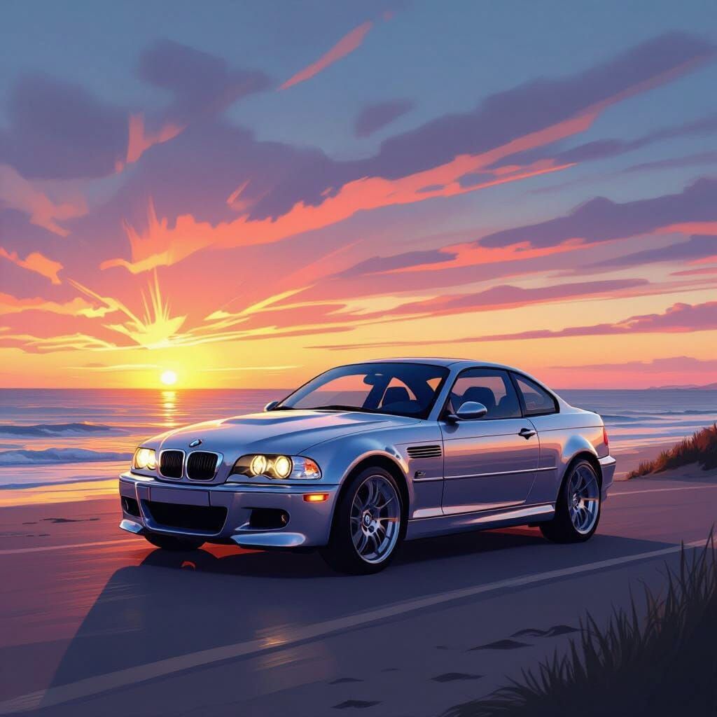 BMW Car at Sunset with Light Painting