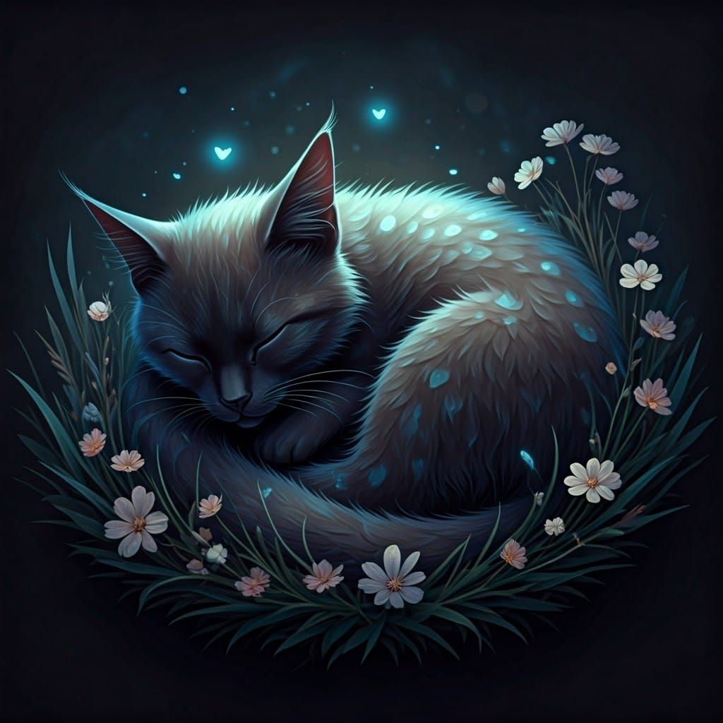 Ethereal Tuxedo Cat Asleep in Mystical Wildflower Garden
