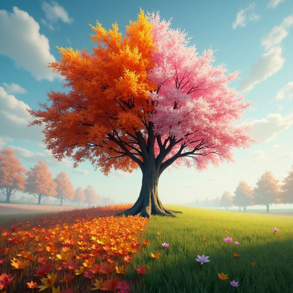 Autumn Meets Spring: A Seasonal Transition Painting