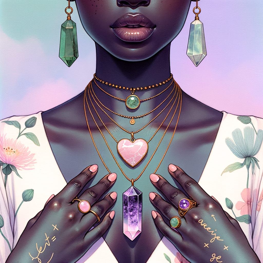 Dreamy Pastel Portrait of Black Woman With Crystal Jewelry