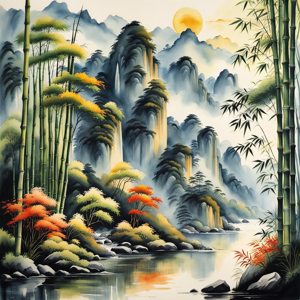 Bamboo Forest Landscape in Watercolor Style