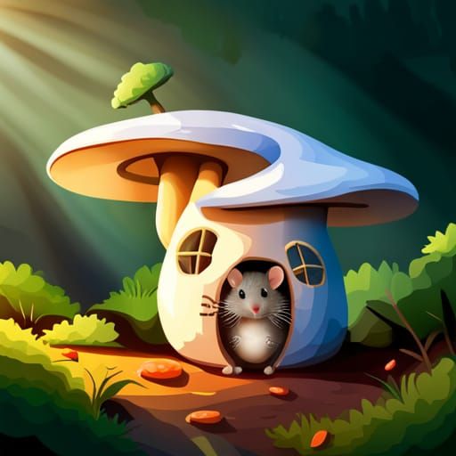 Adorable Grey Mouse in Mushroom House