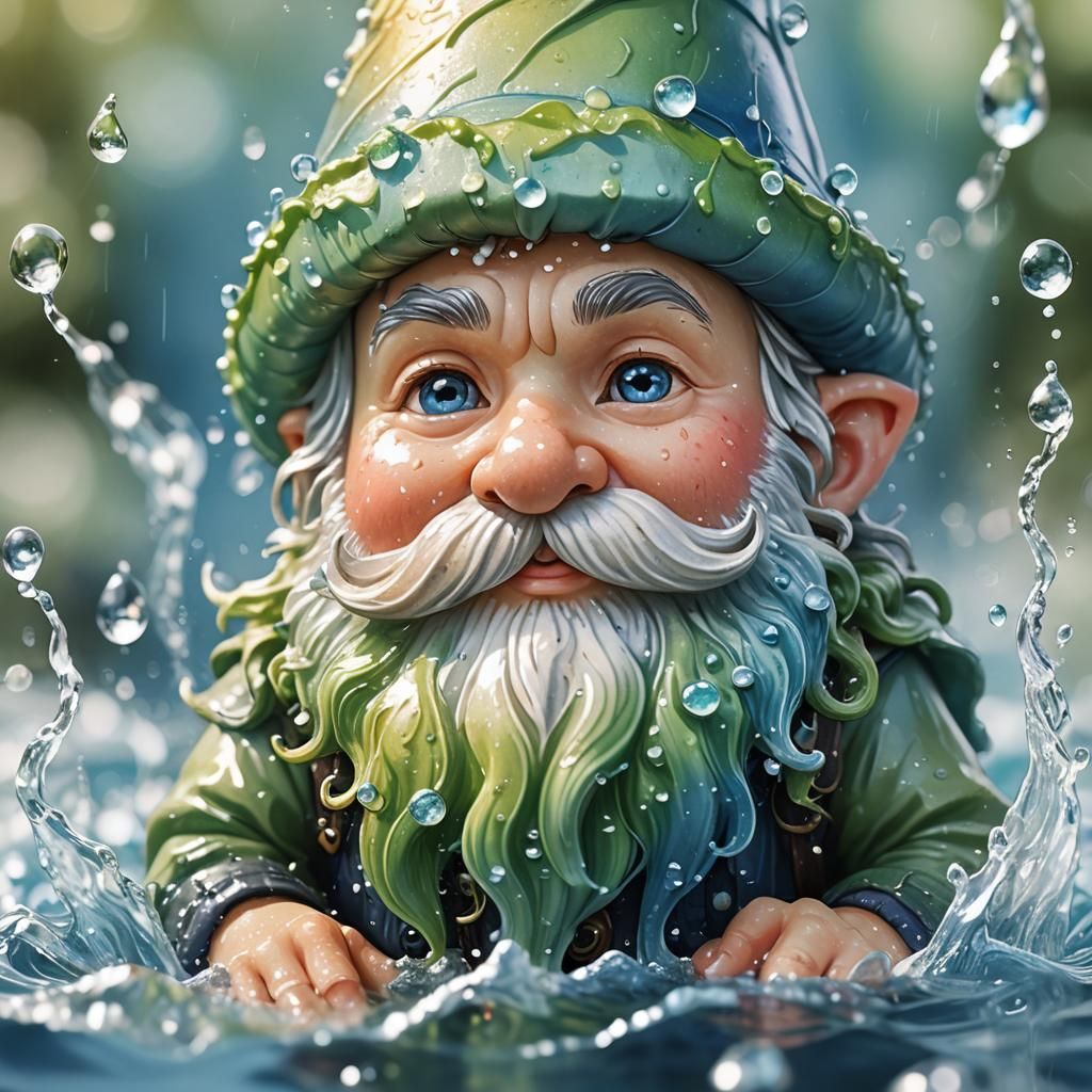 Chibi Gnome with Water Beard in Watercolor Style