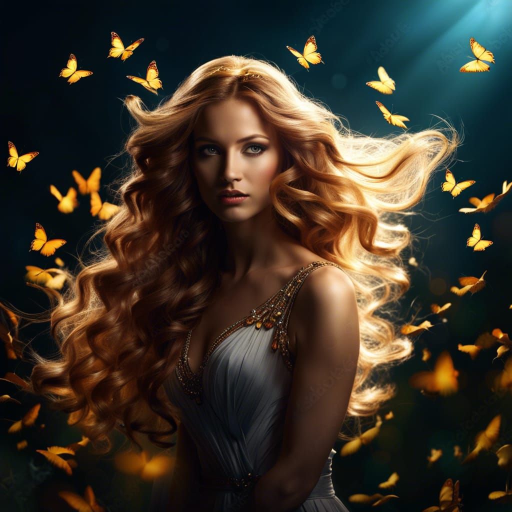 Fantasy Woman with Butterfly Hair in Dynamic Lighting