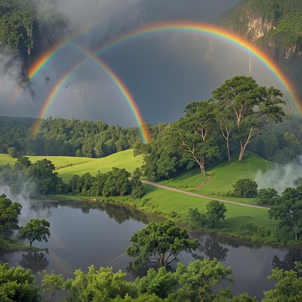 Rainbow Over Tranquil Landscape After Rainstorm