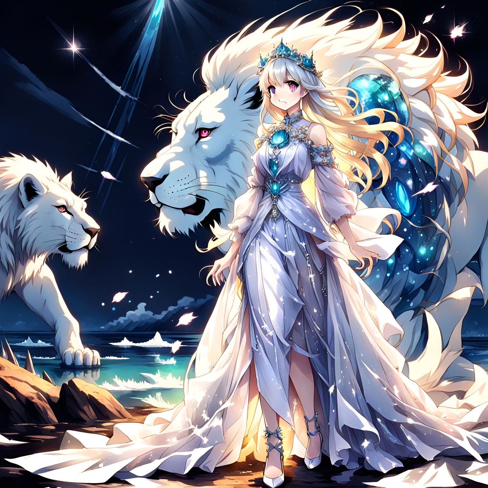 Anime Girl with Lion on Glowing Seashore