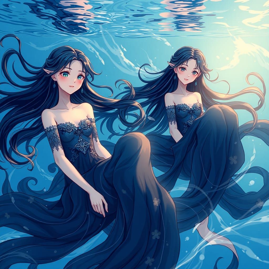 Serene Water Nymphs in Flowing Gowns: Manga Illustration