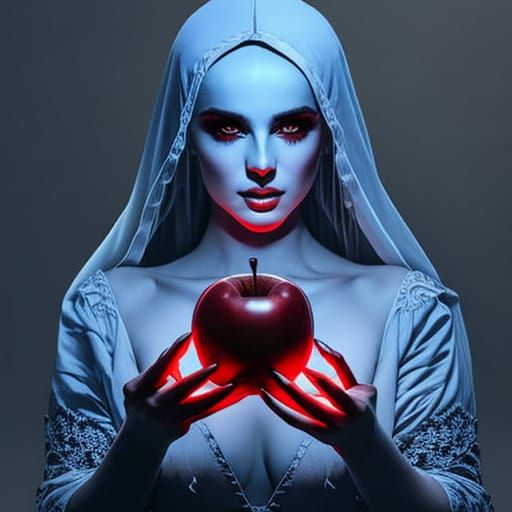 Eerie Woman Holding Forbidden Apple in Dark Fantasy Art