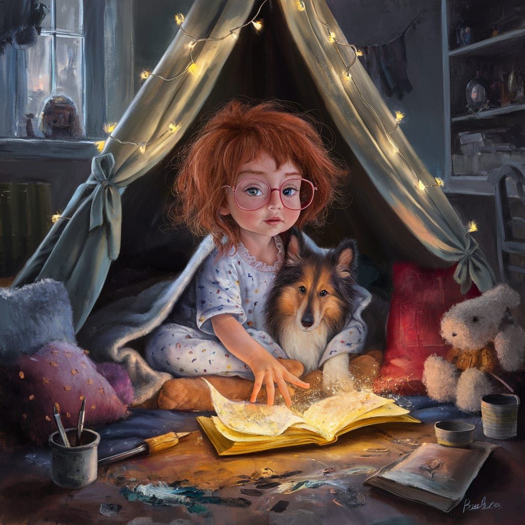 Dreamy Oil Painting: Girl Reading in Fairy Tent
