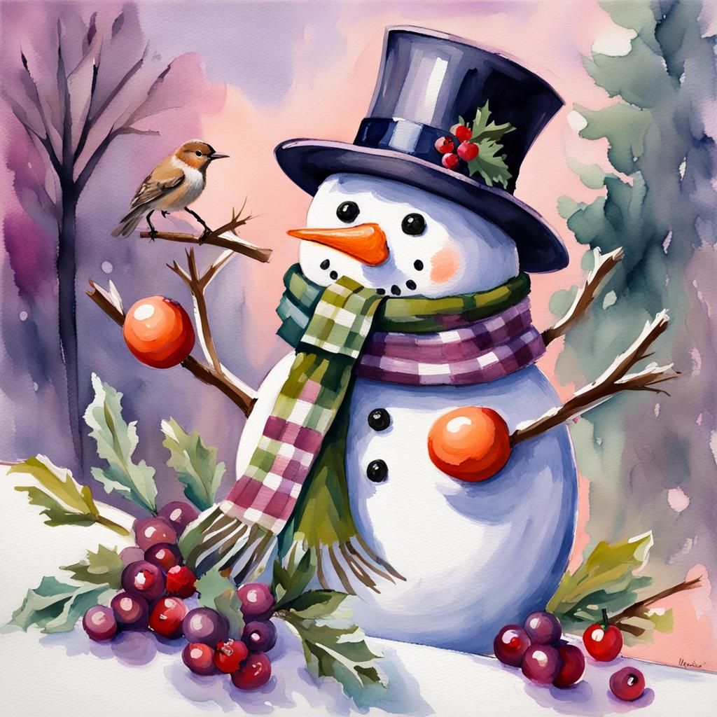 Watercolor Snowman with Bird in Gouache Style