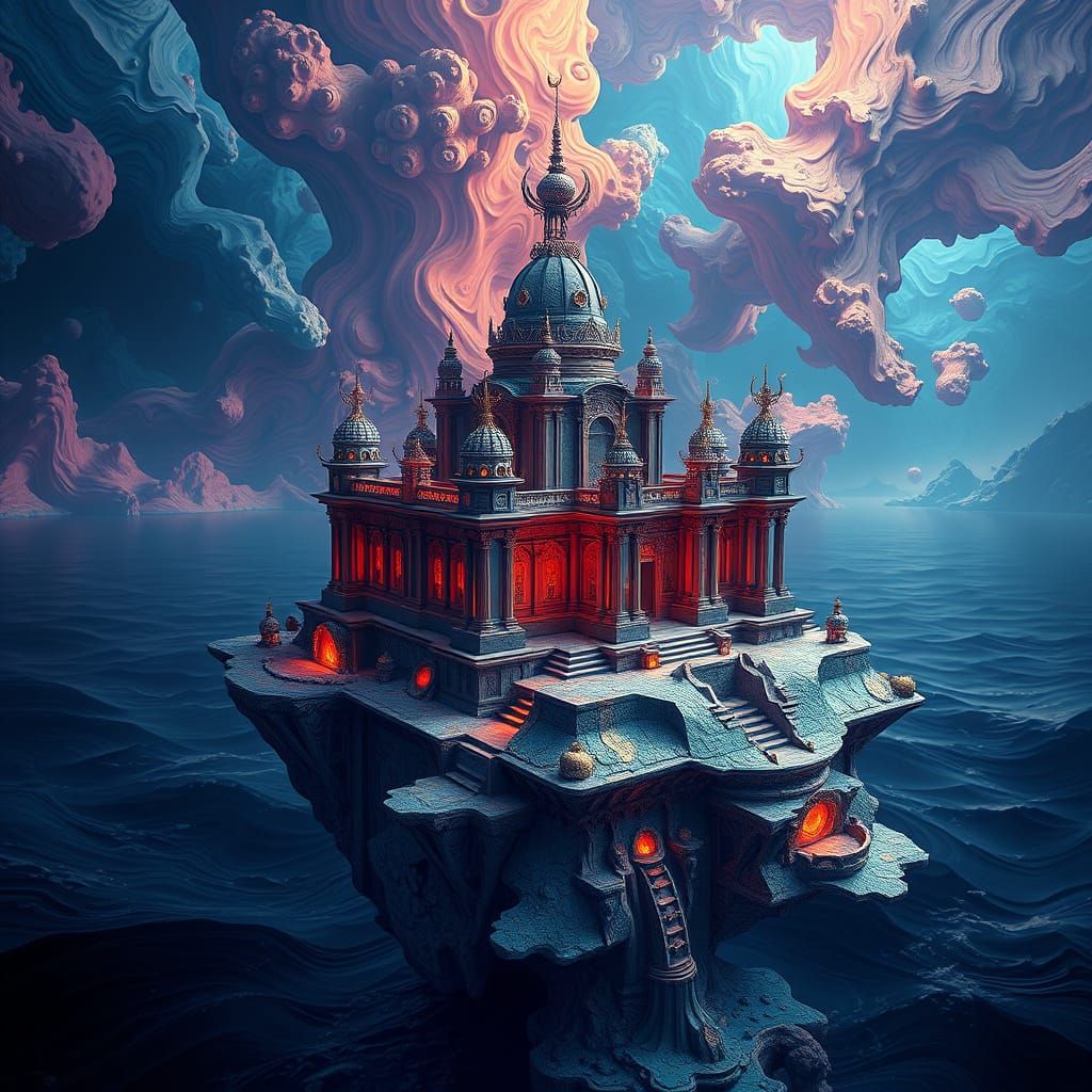 Psychedelic Ocean Temple in Escher-Inspired Abstract Style