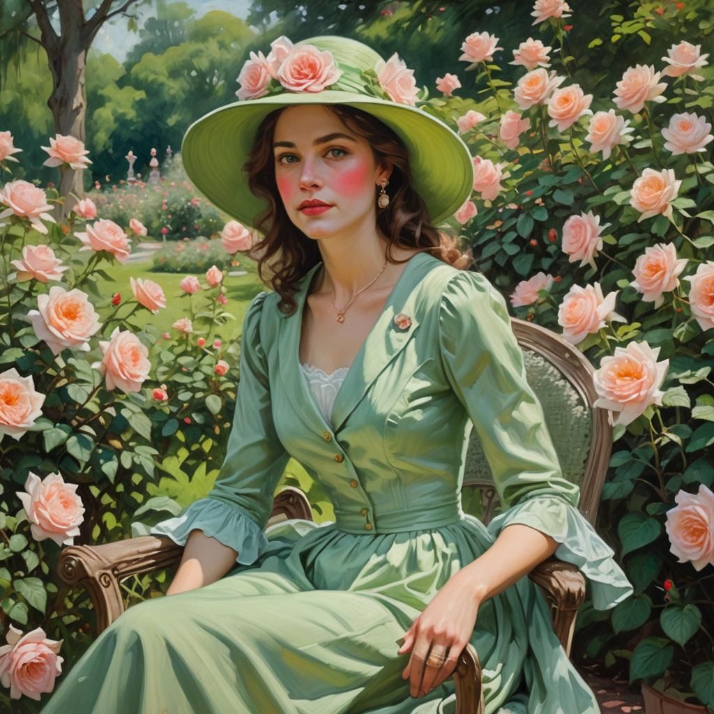 Woman in Rose Garden, Oil Painting Style