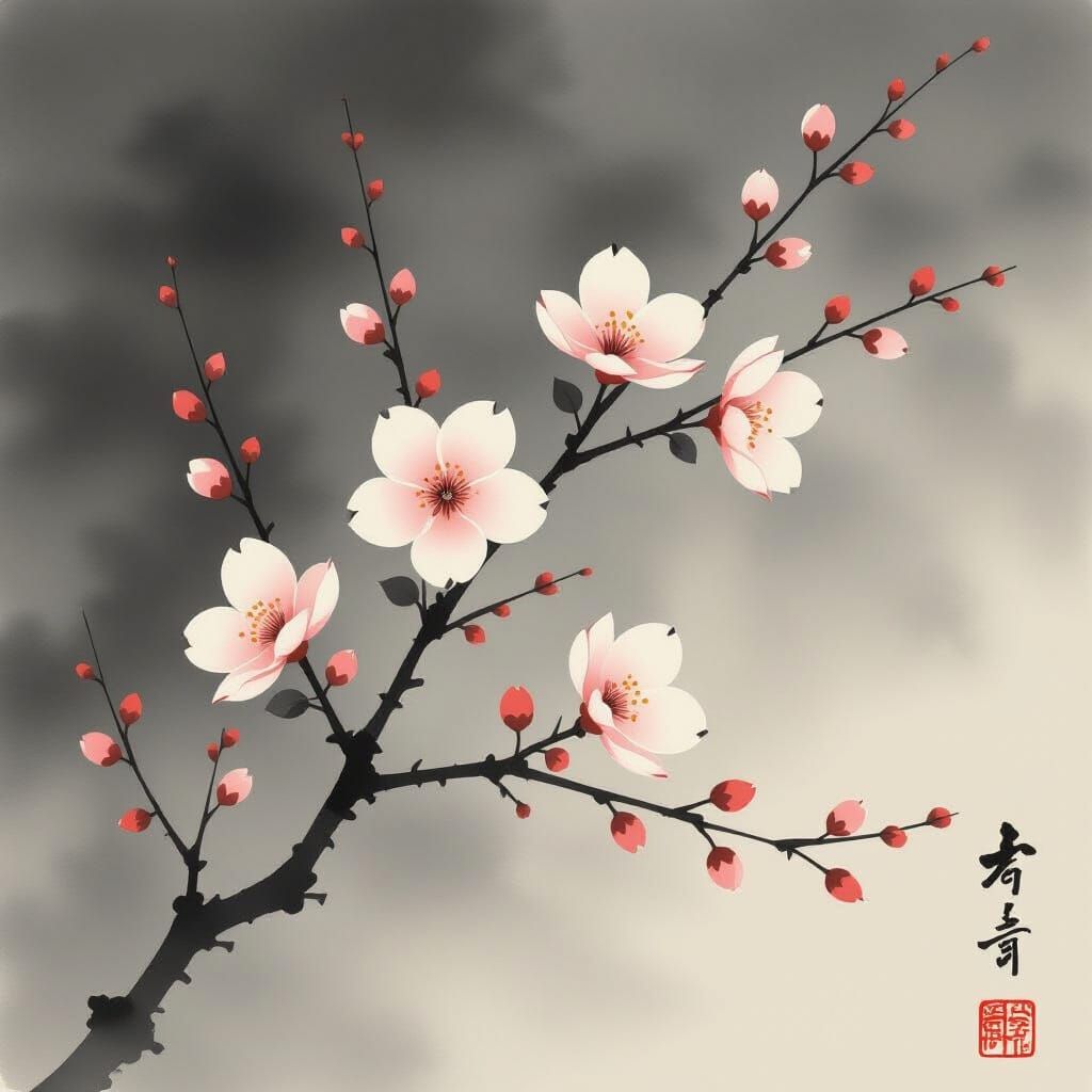 Minimalist Floral Branch in Japanese Ink Style