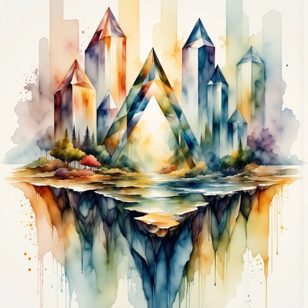 Abstract Crystal Landscape in Watercolor Style