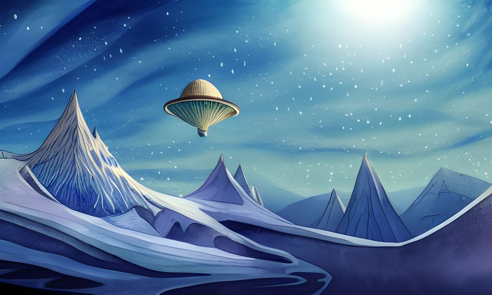 Flying Saucer over Crystal Ice Wasteland