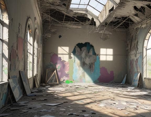 Abandoned Museum Interior with Peeling Paint and Graffiti