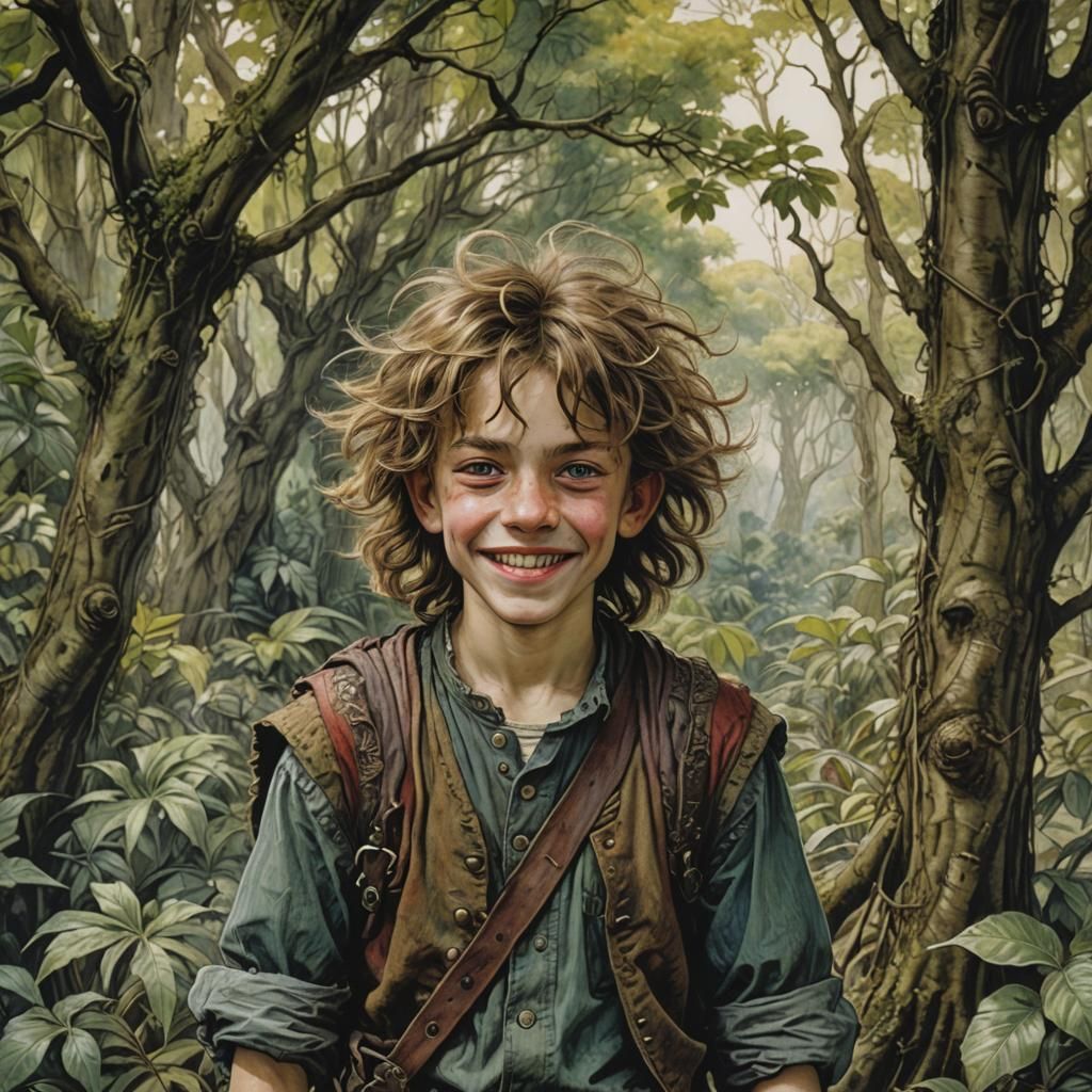 Mischievous Boy in Jungle, Arthur Rackham Style