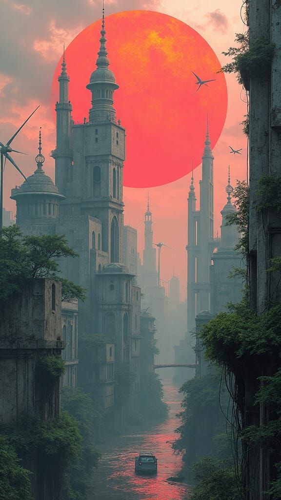 Solarpunk Cityscape in Brutalist Style