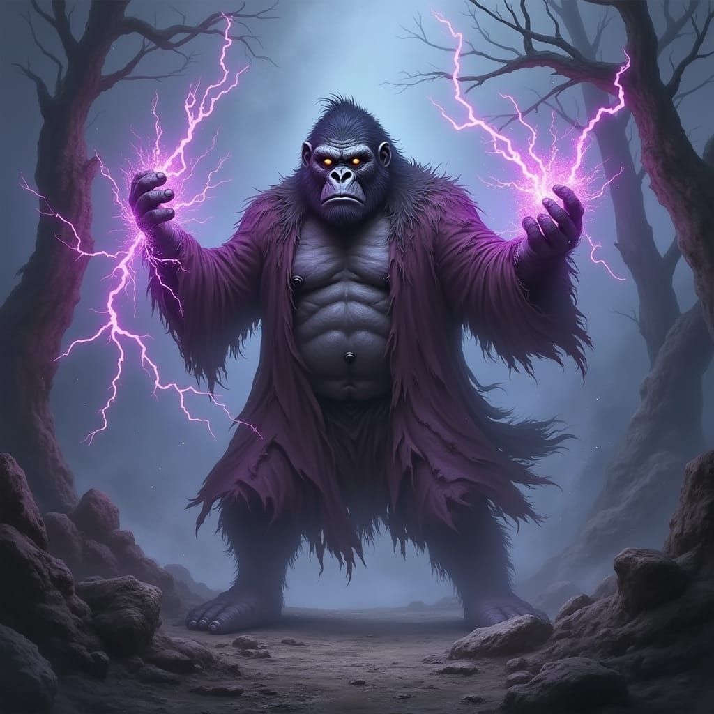 Gorilla Sorcerer Wielding Dark Lightning in Fantasy Landscap...